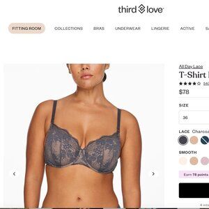 ThirdLove Charcoal All Day Lace T-Shirt bra, size 36G